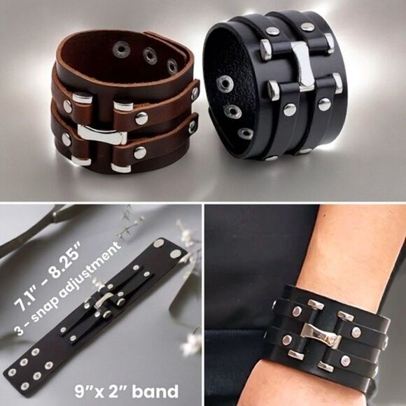 Men’s Accessories l Brown or Black Leather Bracelet, Wristband l Adjustable New - Picture 8 of 9